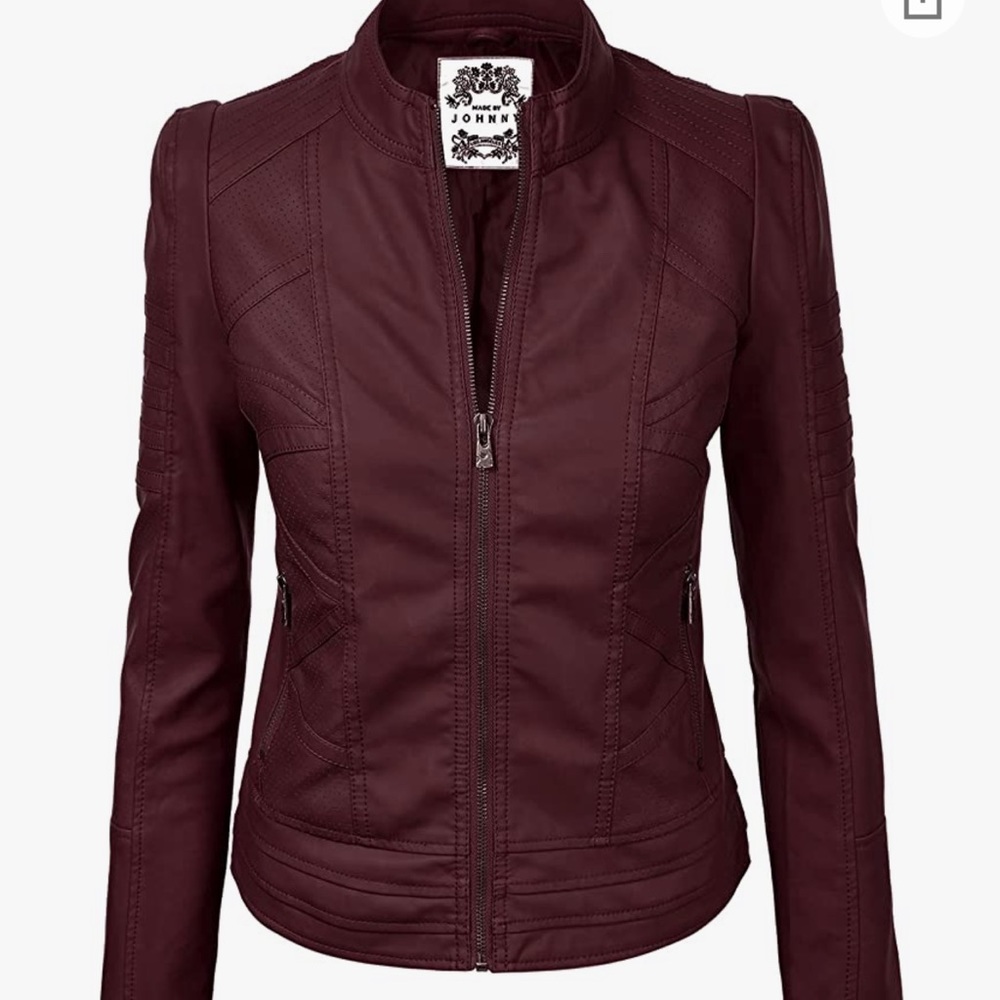 NWT- Made by Johnny Maroon Moto leather jacket